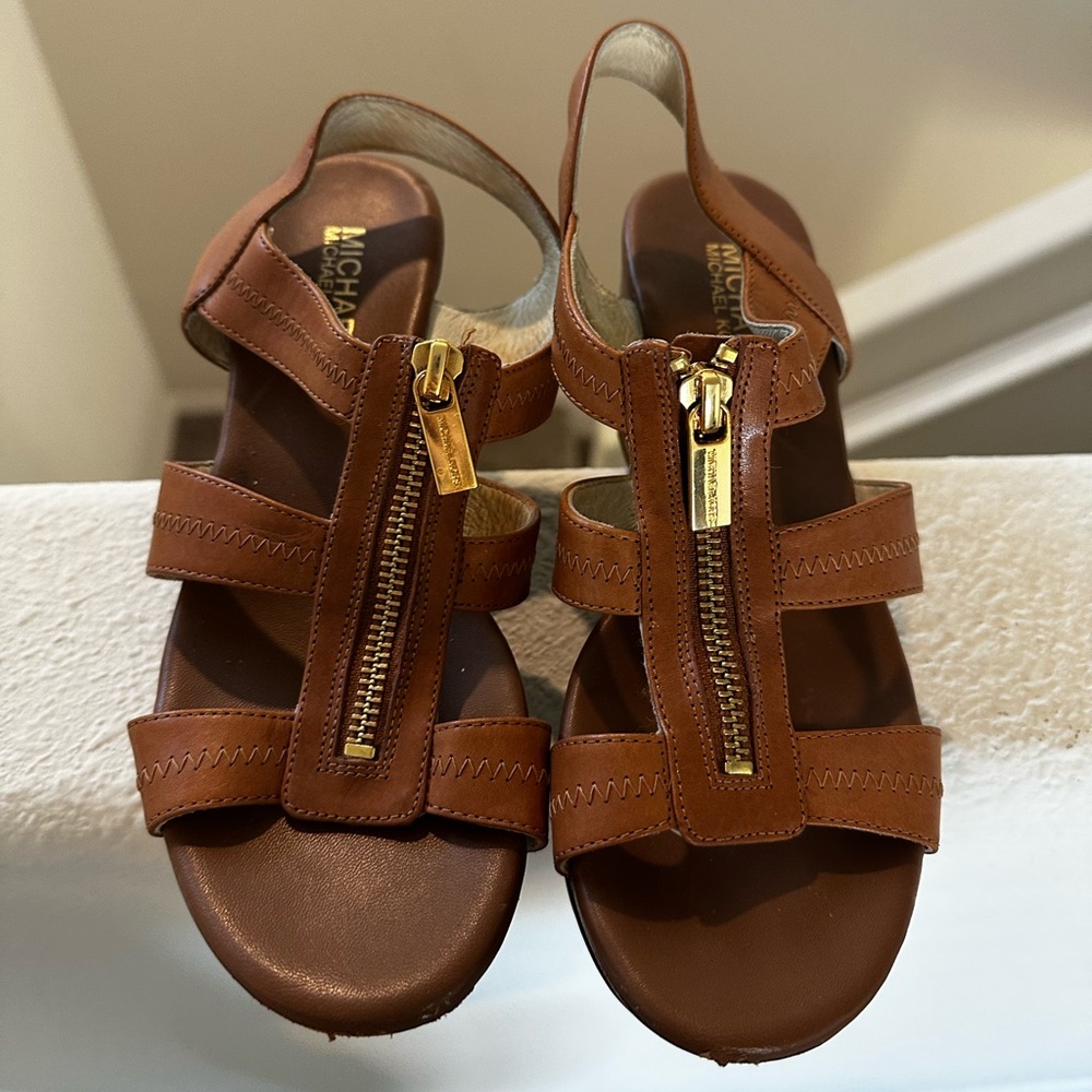 Michael Kors Tan Leather Zipper Platform Sandals